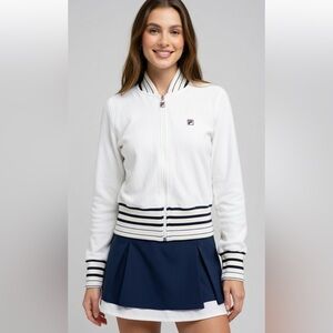 TENNIS FILA white terry cloth zip up with pale yellow and navy stripe details